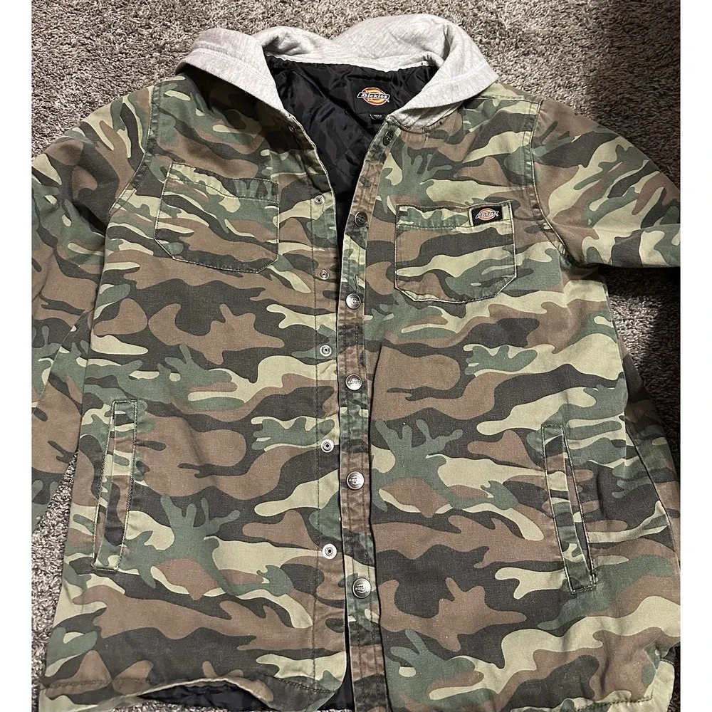 Dickies Girl Quilted Lined Canvas Jacket Youth Large Camo Full Buttoned - Hooded